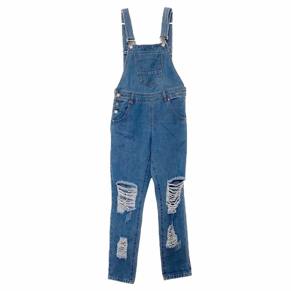 BOOHOO DISTRESSED DENIM JEANS OVERALL - 4 - Picture 1 of 9